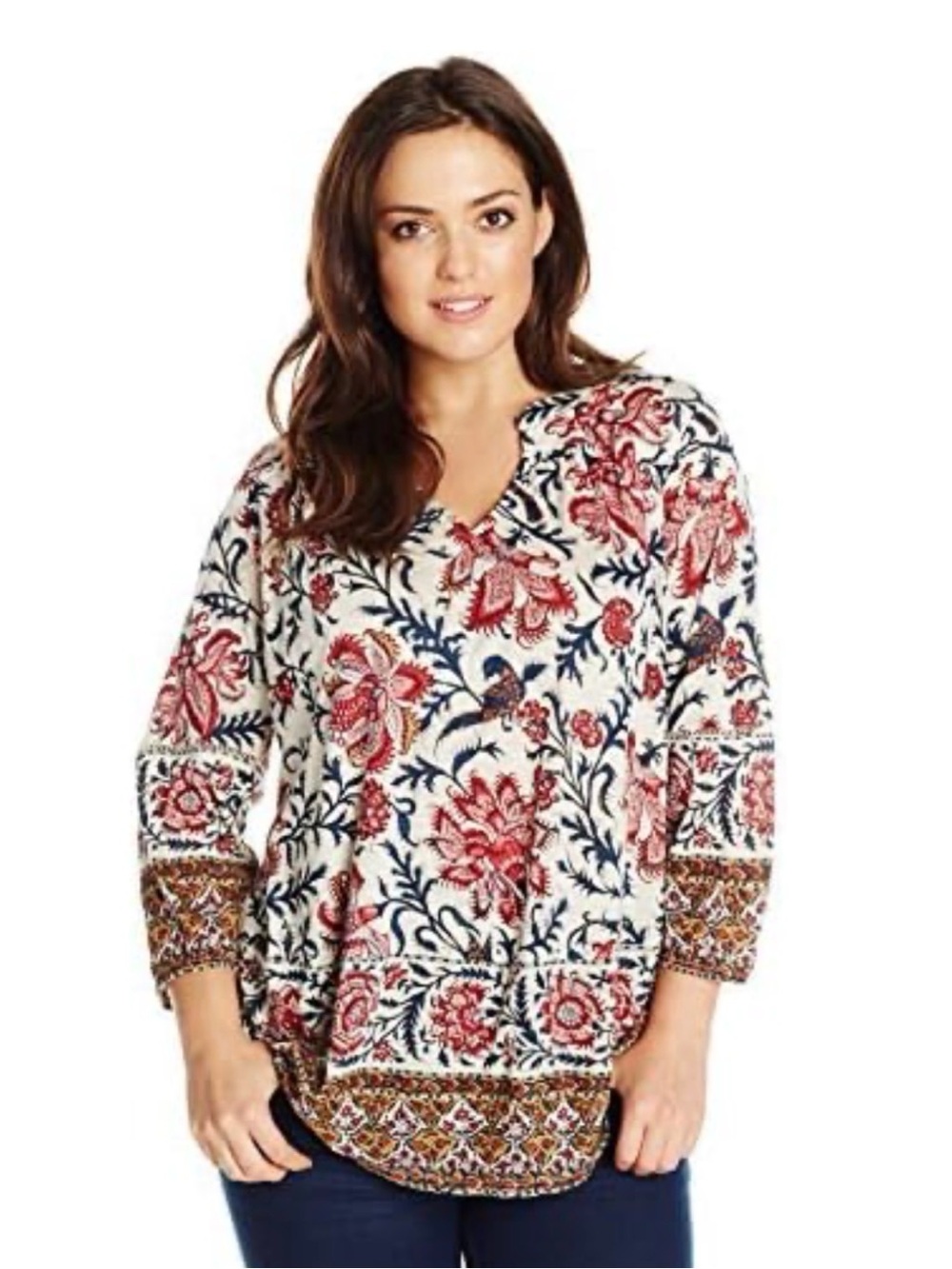 Lucky Brand Cream Tunic with Red & Navy Floral Print 1X